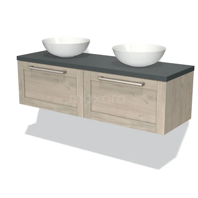 Holz Badezimmermöbel mit Schwarz Waschtischplatte, doppelten weißen Aufsatzwaschbecken und metallischen Haltegriffen, modernes und stilvolles Design.