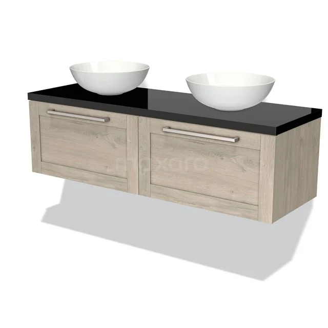Holz Badezimmermöbel mit schwarzer Platte und zwei weißen Aufsatzwaschbecken, modernes Design mit doppelter Schublade.