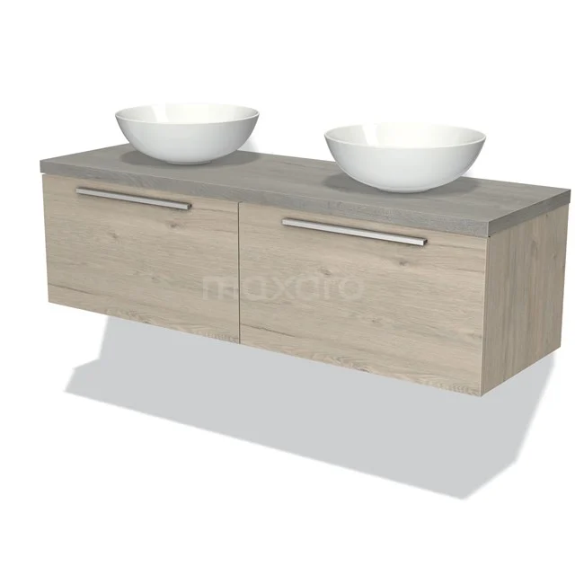 Holz Badezimmermöbel mit doppelten Aufsatzwaschbecken, modernes Design und grauer Oberseite, ideal für stilvolle Bäder.