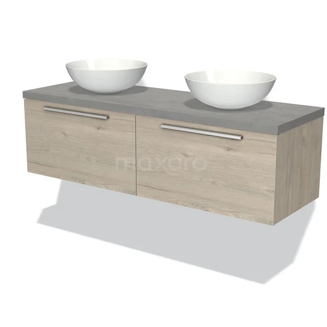 Badmöbel für Aufsatzwaschbecken 140cm Modulo Plato hellgraue Eiche 2 Schubladen Flach hellgrauer Beton Platte BMK12-00799 Hölzernes Badezimmermöbel mit zwei weißen Aufsatzwaschbecken, grauer Platte und modernen Haltegriffen, ideal für stilvolle Bäder.