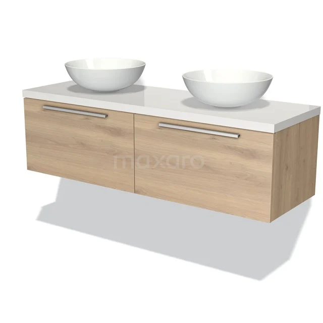 Waschtischunterschrank mit Konsole 140cm Modulo Plato Hellbraune Eiche 2 Schubladen Flach Hochglanz Weiß Platte BMK12-00807 Holz-Badmöbel mit Doppelwaschbecken, modernes Design, hängendes Modell, weiße Platte, geeignet für stilvolle Bäder.