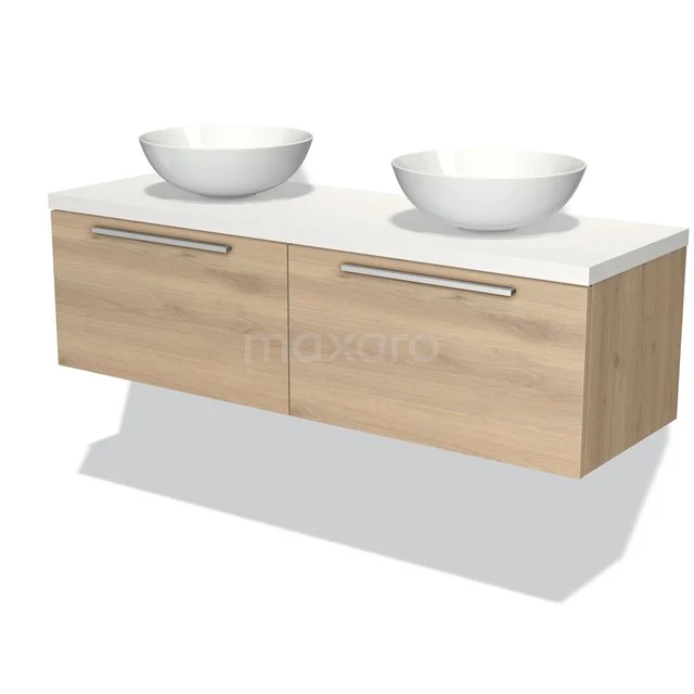 Badmöbel mit Konsole 140cm Modulo Plato Hellbraune Eiche 2 Schubladen Flach Matt Weiß Platte BMK12-00809 Holz Badmöbel mit zwei weißen Aufsatzwaschbecken, Wandmontage und schlanken Schubladen, ideal als moderne Badezimmerlösung.