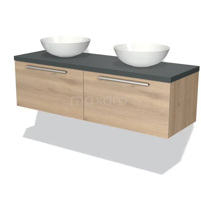 Holz-Badmöbel mit zwei weißen Aufsatzwaschbecken, schwebendes Design und Dunkelgrau Platte für einen modernen Badezimmerstil.