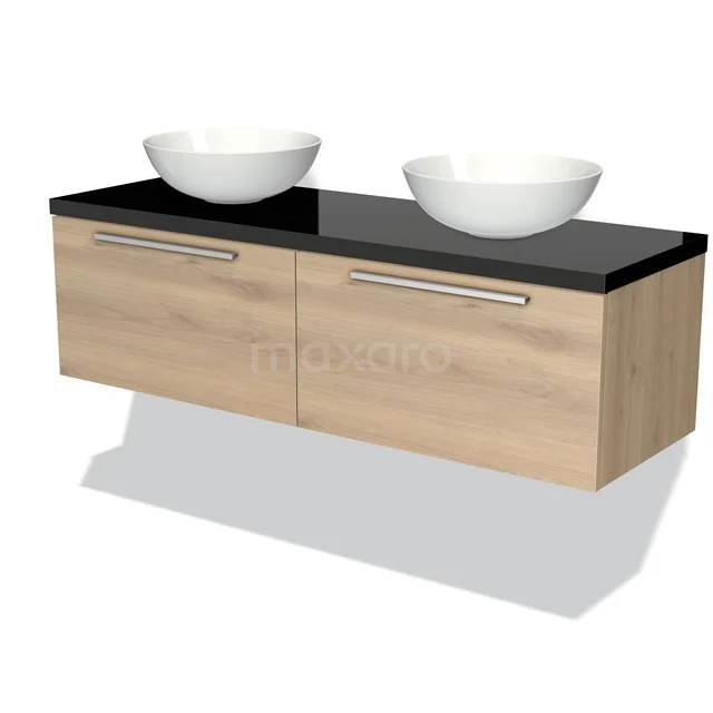 Badmöbel mit Konsole 140cm Modulo Plato Hellbraune Eiche 2 Schubladen Flach Hochglanz Schwarz Platte BMK12-00813 Hölzernes Badmöbel mit schwarzer Platte und zwei weißen Aufsatzwaschbecken, modernes Design für stilvolle Bäder.