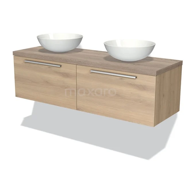 Waschtischunterschrank mit Konsole 140cm Modulo Plato Hellbraune Eiche 2 Schubladen Flache Platte aus Eiche BMK12-00815 Hölzernes Badezimmermöbel mit Doppelwaschbecken, modernes schwebendes Design und metallene Haltegriffe, perfekt für ein stilvolles Badezimmer.