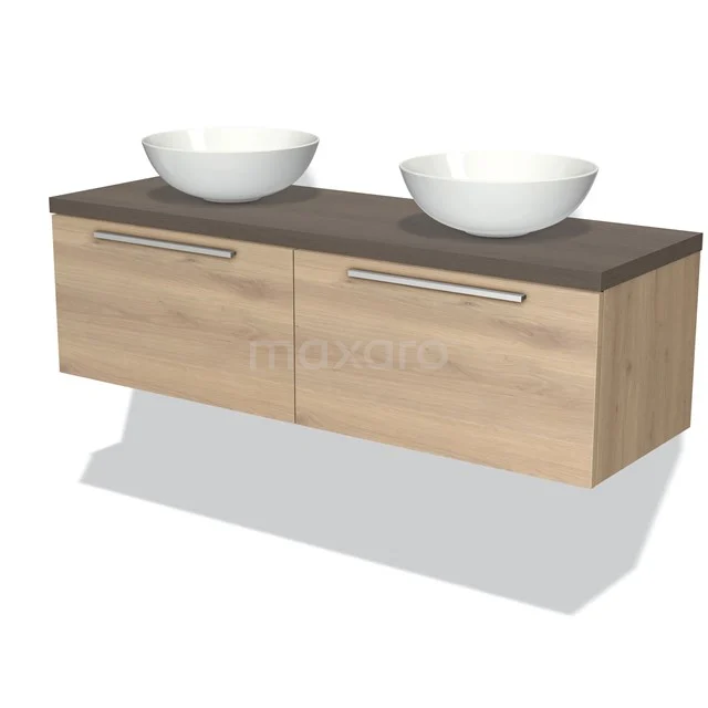 Badmöbel für Waschtischunterschrank mit Konsole 140cm Modulo Plato hellbraune Eiche 2 Schubladen Flach dunkelbraune Eiche Platte BMK12-00821 Hölzernes Badezimmermöbel mit doppeltem Aufsatzwaschbecken, schwebendes Design und dunkler Platte, ideal für moderne Badezimmergestaltungen.