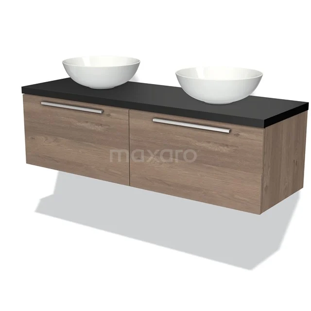 Badmöbelunterschrank mit Konsole 140cm Modulo Plato Mittelbraune Eiche 2 Schubladen Flach Matt Schwarz Platte BMK12-00829 Holz-Badmöbel mit schwarzer Waschtischplatte, doppelten keramischen Aufsatzwaschbecken und modernen Griffen, perfekt für ein stilvolles Badezimmer.