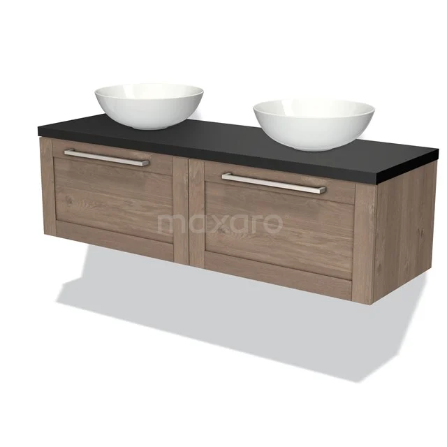 Holz Badezimmermöbel mit Doppelwaschbecken, Schwarz Platte und modernen Haltegriffen, ideal für stilvolle Badezimmergestaltung.