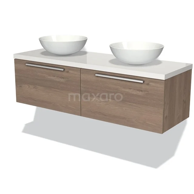 Waschtischunterschrank mit Konsole 140cm Modulo Plato mittelbraune Eiche 2 Schubladen Flach Hochglanz Weiß Platte BMK12-00833 Holz-Badmöbel mit zwei weißen Aufsatzwaschbecken, moderne Ausstrahlung und hängendem Design, ideal für ein stilvolles Badezimmer.