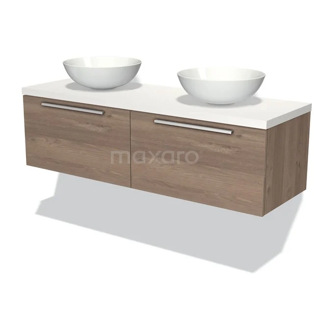 Modulo Plato Badmöbel mit Aufsatzwaschbecken | 140 cm Mittelbraune Eiche Flach front Matt Weiß blatt 2 nebeneinanderliegende Schubladen BMK12-00835 Hölzernes Badezimmermöbel mit zwei weißen Aufsatzwaschbecken, schwebendem Design und metallischen Haltegriffen, ideal für moderne Bäder.