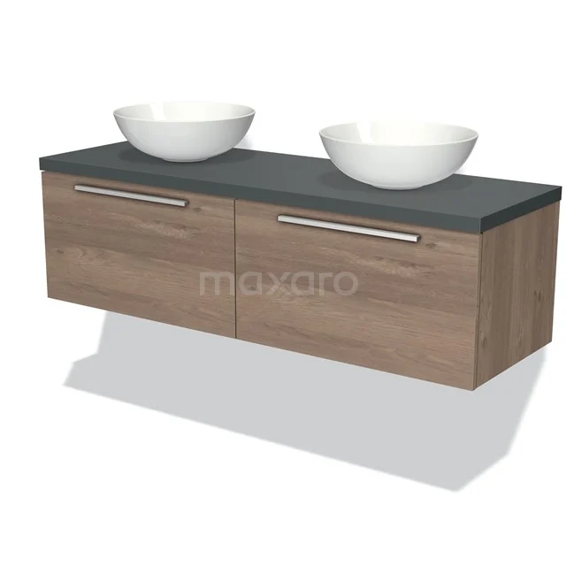 Badmöbel für Waschtischunterschrank mit Konsole 140cm Modulo Plato mittelbraune Eiche 2 Schubladen Flach Dunkelgrau Platte BMK12-00837 Holz Badezimmermöbel mit doppelten Aufsatzwaschbecken, graue Platte und metallene Haltegriffe, modernes Design für ein stilvolles Badezimmer.