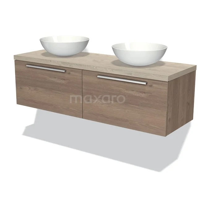 Waschtischunterschrank mit Konsole 140cm Modulo Plato mittelbraune Eiche 2 Schubladen Flach hellgraue Eiche Platte BMK12-00843 Holz Badezimmermöbel mit zwei weißen Aufsatzwaschbecken, modernes Design, hängendes Modell, ideal für ein stilvolles Badezimmer.