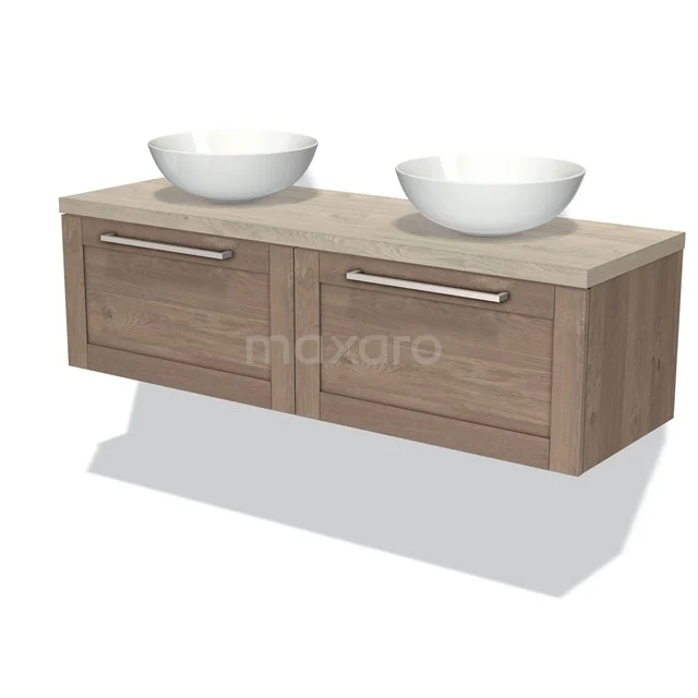 Wooden bathroom unit with two countertop wash basins, drawer fronts and natural finish, ideal for modern bathroom design.