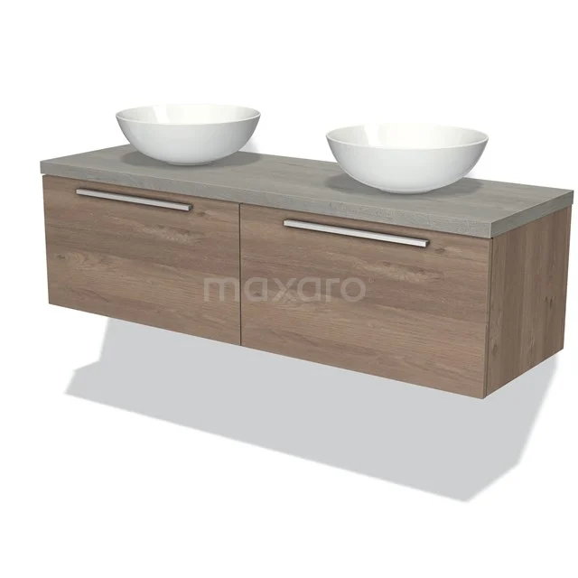 Modulo Plato Badmöbel mit Aufsatzwaschbecken | 140 cm Mittelbraune Eiche Flach front Graue Eiche blatt 2 nebeneinanderliegende Schubladen BMK12-00849 Holz Badezimmermöbel mit zwei weißen Waschbecken, modernes Design, graue Platte und metallische Haltegriffe. Perfekt für jedes Badezimmer.