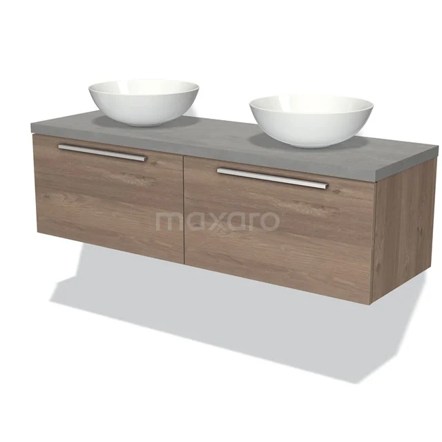 Holz-Badmöbel mit grauer Platte, doppelten runden Waschbecken und metallischen Griffen, elegantes Design für moderne Bäder.