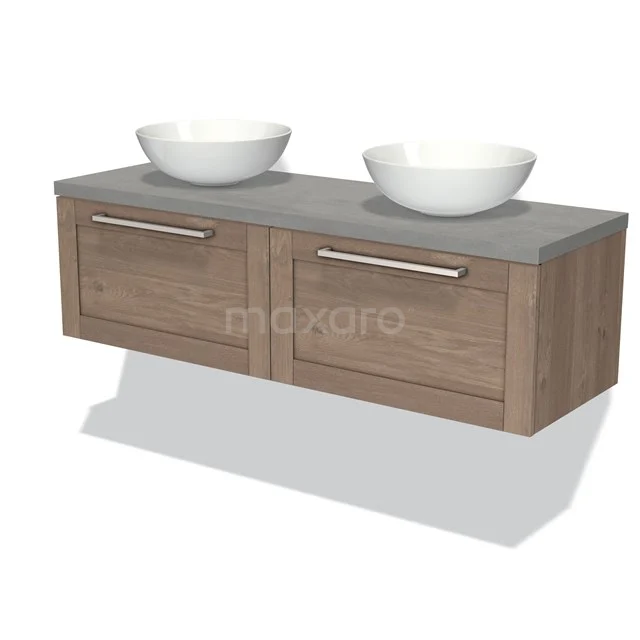 Modulo Plato Vanity units for countertop basin | 140 cm Mid brown oak Frame front Light grey concrete worktop 2 Side-by-side drawers BMK12-00852 Wooden bathroom unit with double basin, grey worktop and white bowls, modern design for a stylish bathroom.