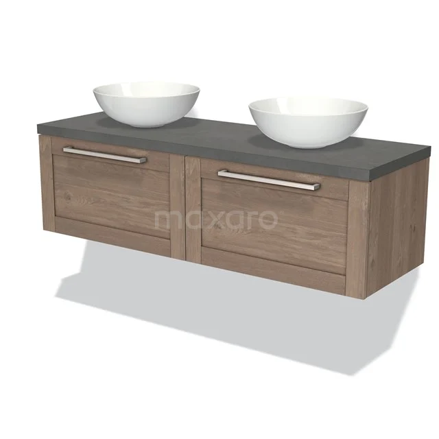 Wooden bathroom unit with two white countertop wash basins, grey stone worktop and drawers, ideal for a modern bathroom design.