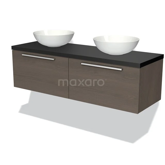 Modulo Plato Badmöbel mit Aufsatzwaschbecken | 140 cm Dunkelbraune Eiche Flach front Matt Schwarz blatt 2 nebeneinanderliegende Schubladen BMK12-00855 Holz-Badmöbel mit Doppelwaschbecken, schwarzer Platte und metallischen Haltegriffen, ideal für moderne Badezimmergestaltung.