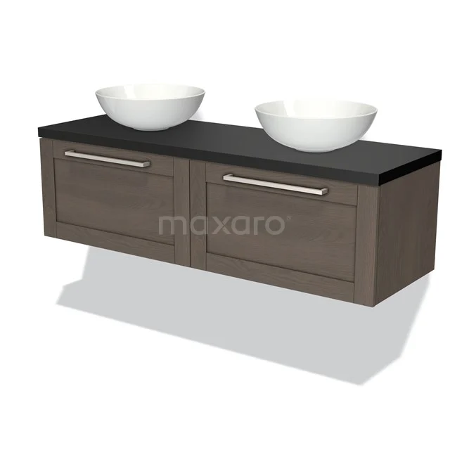 Wooden bathroom unit with dark worktop, double drawers and drawers, modern design for stylish bathrooms.