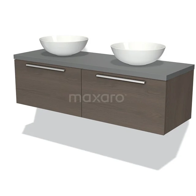 Waschtischunterschrank mit Konsole 140cm Modulo Plato Dunkelbraune Eiche 2 Schubladen Flach Mittelgrau Platte BMK12-00857 Holz Badezimmermöbel mit zwei weißen Aufsatzwaschbecken, grauer Platte und Chrom Haltegriffe, ideal für ein modernes Badezimmer.
