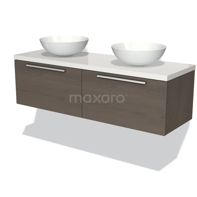 Modulo Plato Vanity units for countertop basin | 140 cm Dark brown oak Flat front High-gloss white worktop 2 Side-by-side drawers BMK12-00859
