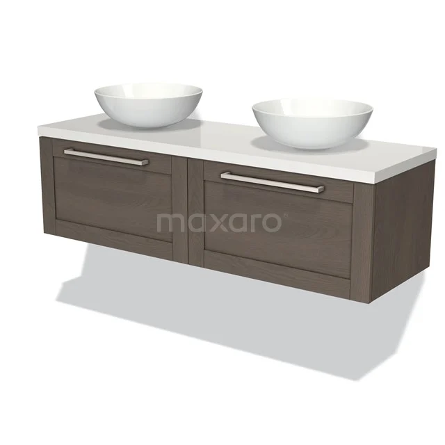 Modulo Plato Badmöbel mit Aufsatzwaschbecken | 140 cm Dunkelbraune Eiche Rahmen front Hochglanz Weiß blatt 2 nebeneinanderliegende Schubladen BMK12-00860 Holz Badezimmermöbel mit Doppelwaschbecken, modernen Ladegriffen und weißer Keramik für stilvollen Badezimmerraum.