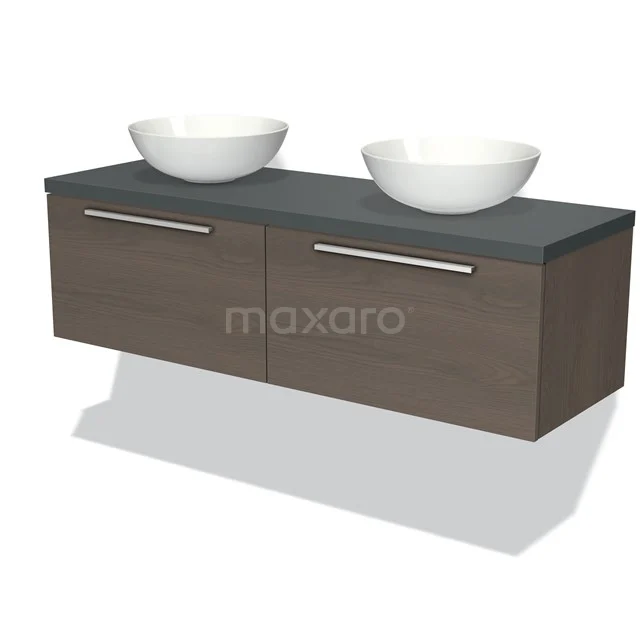 Holz-Badezimmermöbel mit Dunkelgrau Platte, zwei weißen Aufsatzwaschbecken und modernen Design-Haltegriffen, ideal für stilvolle Bäder.