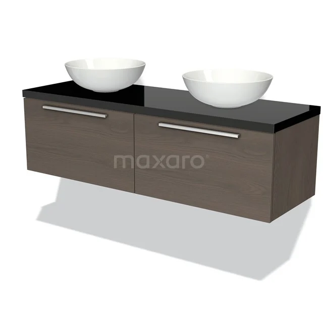 Hölzernes Badezimmermöbel mit schwarzer Platte, zwei weißen Aufsatzwaschbecken und metallischen Haltegriffen, perfekt für moderne Bäder.
