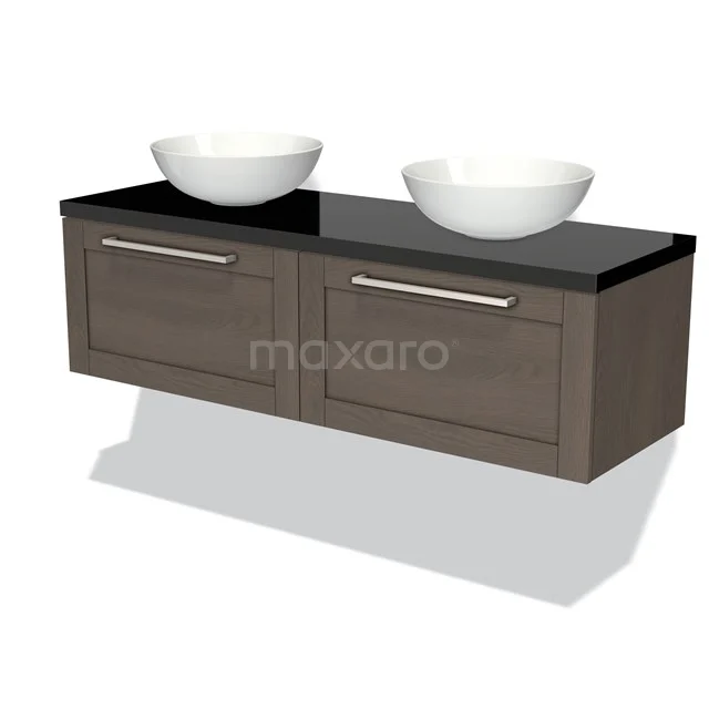 Doublea bathroom unit, wood-look, black worktop, with 2 white countertop wash basins; modern design, ideal for stylish bathrooms.