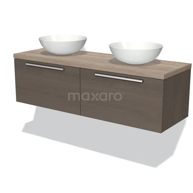 Modern Badmöbel mit Doppelwaschbecken, Holzlook-Oberfläche und zwei Schubladen, perfekt für ein stilvolles Badezimmer.