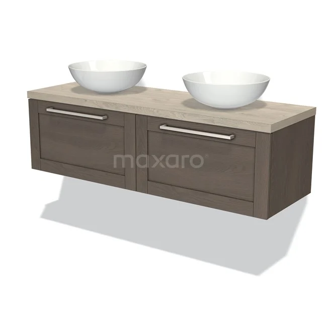 Modulo Plato Vanity units for countertop basin | 140 cm Dark brown oak Frame front Light grey oak worktop 2 Side-by-side drawers BMK12-00870 Modern wooden bathroom unit with two white countertop wash basins, hanging design, brown cabinet and chrome handles.