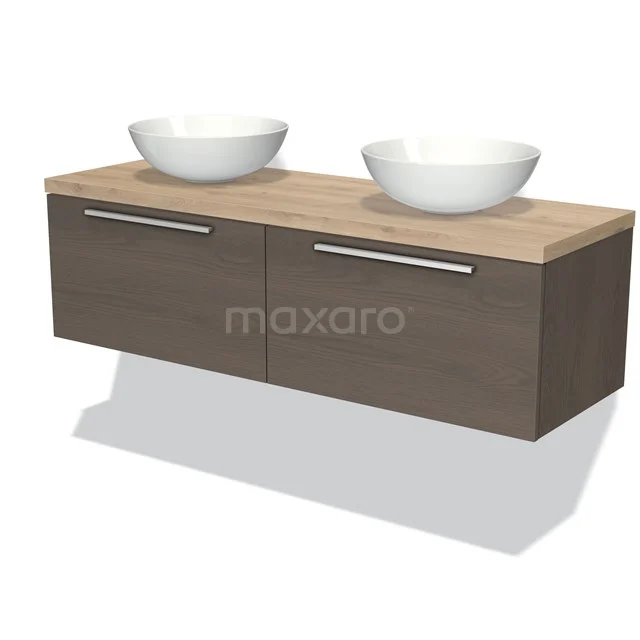 Badmöbel für Waschtischunterschrank mit Konsole 140cm Modulo Plato dunkelbraune Eiche 2 Schubladen Flach hellbraune Eiche Platte BMK12-00871 Holz Badezimmermöbel mit zwei weißen Aufsatzwaschbecken, modernes Design, Serie Oakline, ideal für stilvolle Badezimmergestaltung.