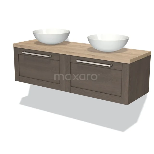 Holz-Badmöbel mit doppelten weißen Aufsatzwaschbecken, modernes Design, dunkelbraun mit hellen Holzregal, ideal für Bäder.