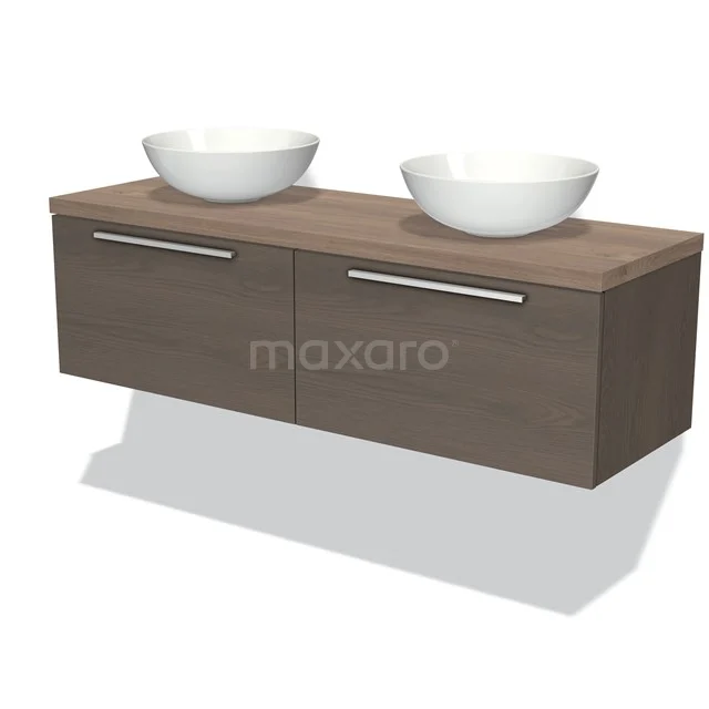 Holz Badezimmermöbel mit doppelten weißen Aufsatzwaschbecken, schwebendes Design und matte Oberfläche, ideal für ein modernes Badezimmer.