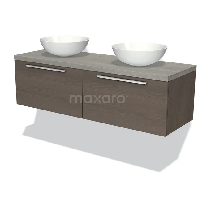 Holz-Badmöbel mit doppeltem Aufsatzwaschbecken, Wandmontage, modernem Design, graue Eiche-Optik und schlichten Metall-Haltegriffen.