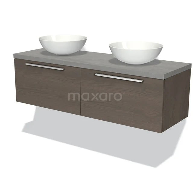 Badmöbel für Aufsatzwaschbecken 140cm Modulo Plato dunkelbraune Eiche 2 Schubladen Flach hellgrauer Beton Platte BMK12-00877 Holz-Badmöbel mit grauem Doppelwaschbecken, hängendem Design und weißen Schalen, ideal für einen modernen Badezimmerstil.