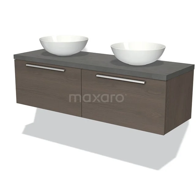 Badmöbel für Aufsatzwaschbecken 140cm Modulo Plato Dunkelbraune Eiche 2 Schubladen Flach Dunkelgrauer Beton Platte BMK12-00879 Holz Badezimmermöbel mit zwei weißen runden keramischen Aufsatzwaschbecken, graue Platte und modernen Haltegriffen, ideal für Doppelwaschbeckenanordnung.