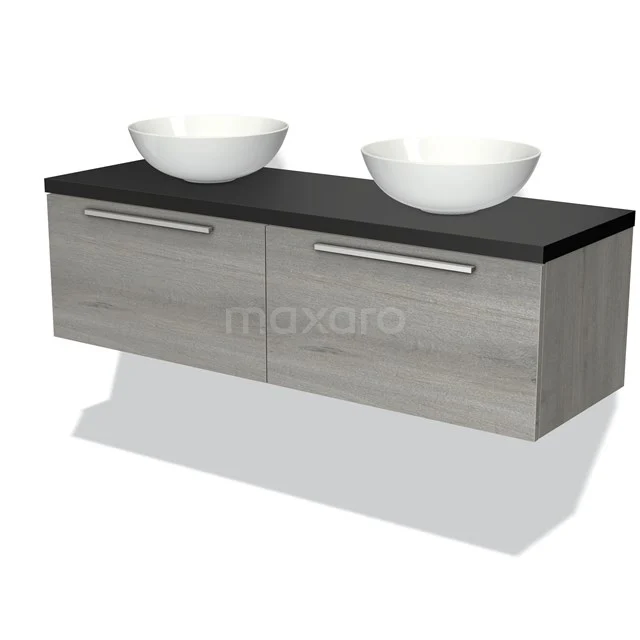 Badmöbel mit Grau Holzlook, Schwarz Platte und zwei Aufsatzwaschbecken; modernes Design für eine stilvolle Badezimmer Einrichtung.