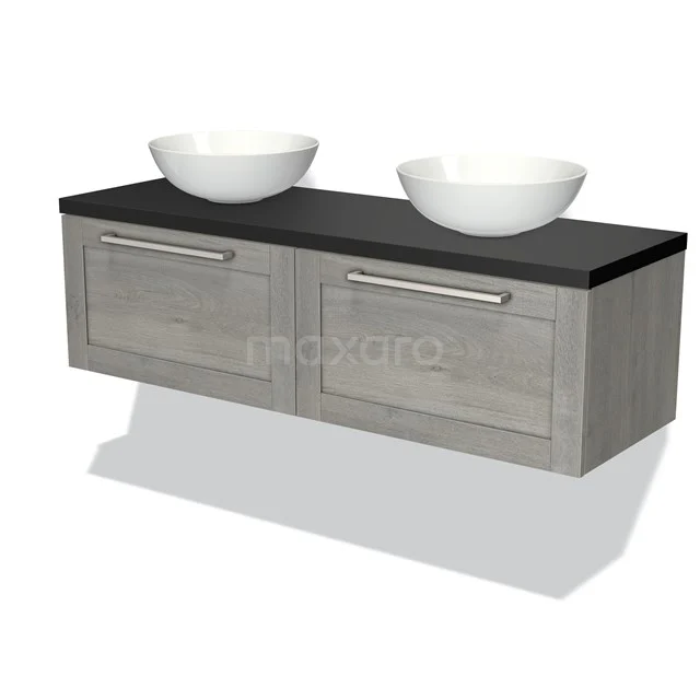 Double bathroom unit in grey wood-look with black top plate and white vanity units for countertop wash basins, modern design for stylish sanitary ware.