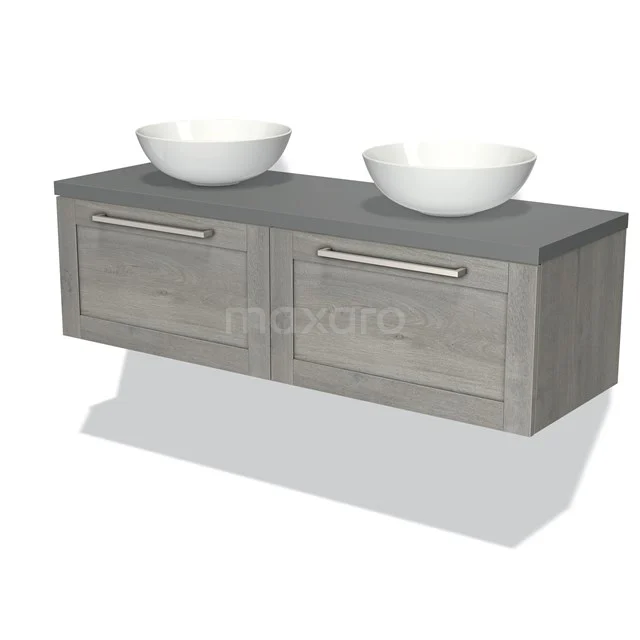 Modulo Plato Badmöbel mit Aufsatzwaschbecken | 140 cm Graue Eiche Rahmen front Mittelgrau blatt 2 nebeneinanderliegende Schubladen BMK12-00884 Graue Badmöbelset mit Doppelwaschbecken, Holzlook-Oberfläche und modernen Haltegriffen für eine stilvolle Aufbewahrungslösung.