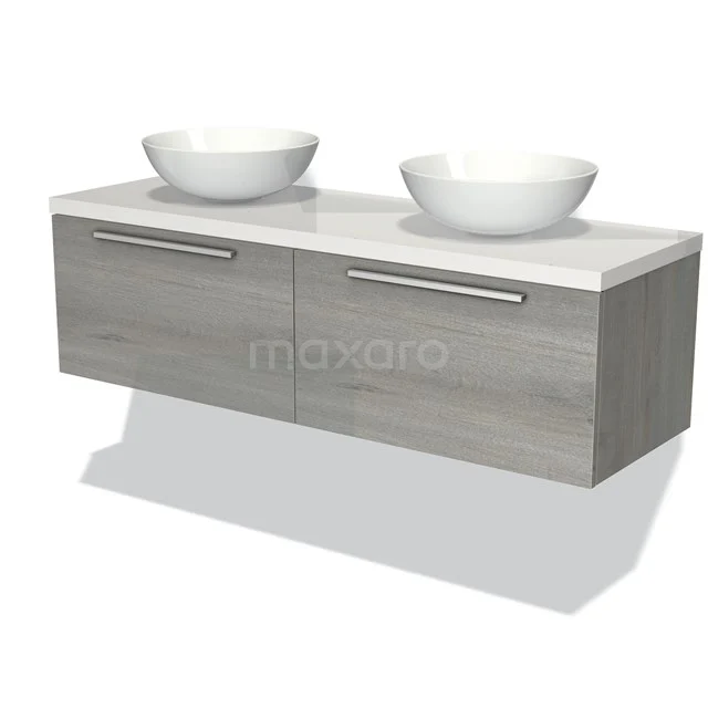 Graue schwebende Badmöbelset mit zwei weißen Waschbecken, Holzoptik-Finish und modernen verchromten Haltegriffen.