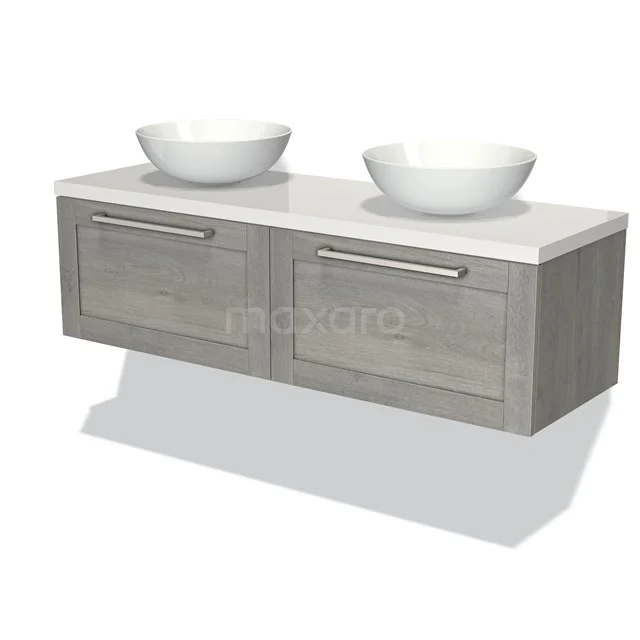 Wooden bathroom unit with double countertop wash basins, light grey finish, and modern storage drawers for a stylish bathroom.
