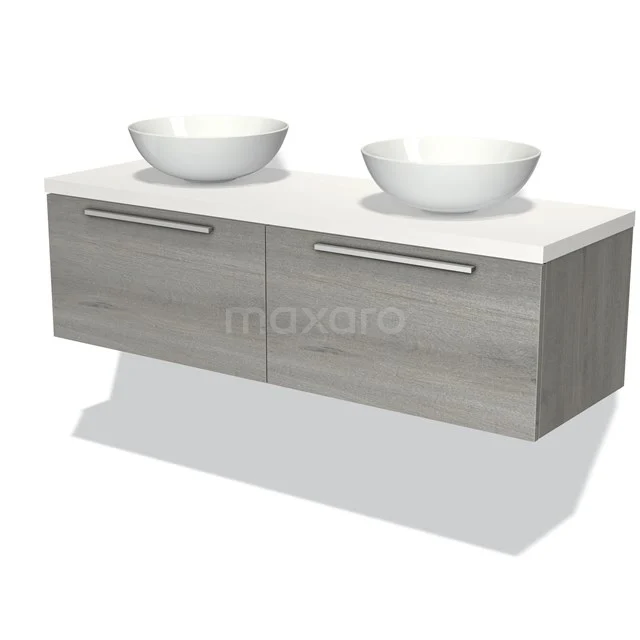 Doppelwaschbecken-Set mit runden Schalen, grauem Holzunterbau und modernen Haltegriffen, perfekt für ein stilvolles Badezimmer.