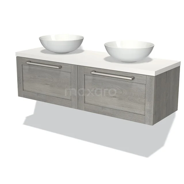Badmöbel für Waschtischunterschrank mit Konsole 140cm Modulo Plato Graue Eiche 2 Schubladen Rahmen Matt Weiß Platte BMK12-00888 Graues Holz-Badmöbel mit Doppelwaschbecken, moderner schwebender Stil, ideal für geräumige Bäder.