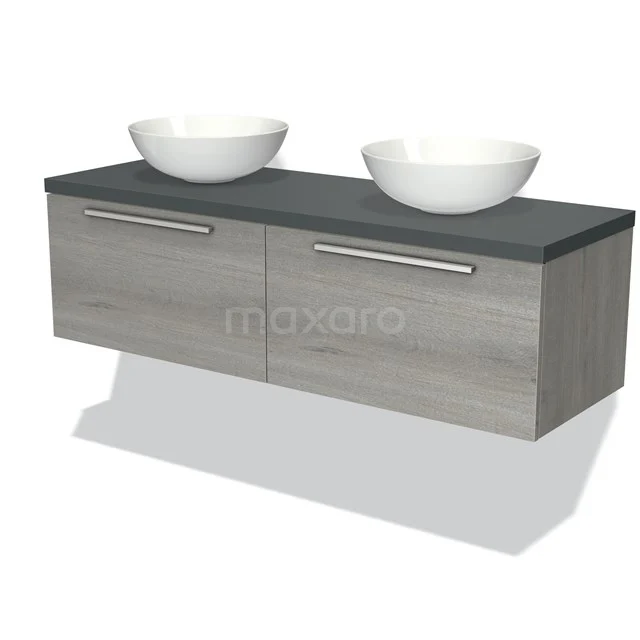 Graues Holz-Waschtisch mit zwei weißen runden Aufsatzwaschbecken, modernes Design für das Badezimmer.