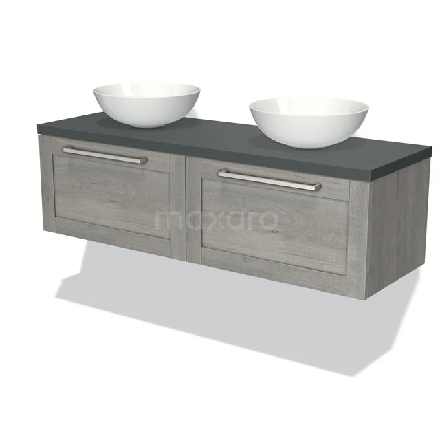 Grey wooden Bathroom unit with two vanity units with basins, black top plate and modern handles; stylish bathroom addition.