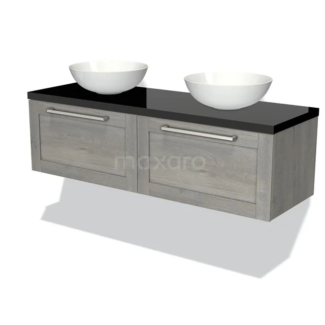 Wooden bathroom unit with grey cabinet door, black worktop and double white basins, ideal for modern bathroom spaces.