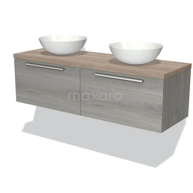 Waschtischunterschrank mit Konsole 140cm Modulo Plato Grau Eiche 2 Schubladen Flache Platte aus Eiche BMK12-00893 Holz Badezimmermöbel mit zwei weißen Aufsatzwaschbecken, hängendes Design, schlank und modern, ideal für eine stilvolle Badezimmer Einrichtung.
