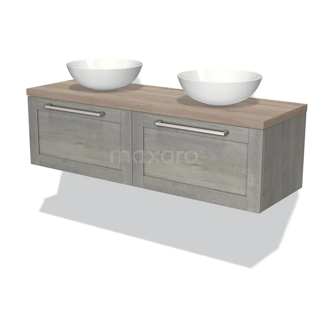 Robustes Holz-Badezimmermöbel mit zwei Waschbecken, grauen Schubladen und modernen Haltegriffen, perfekt für eine stilvolle Einrichtung.