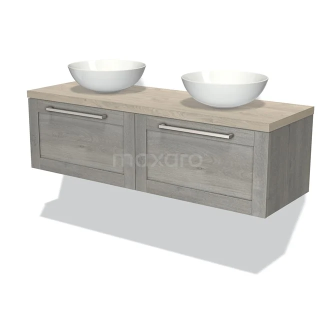 Wooden bathroom unit in grey tone with double basin and storage drawers, minimalist design for modern bathrooms.